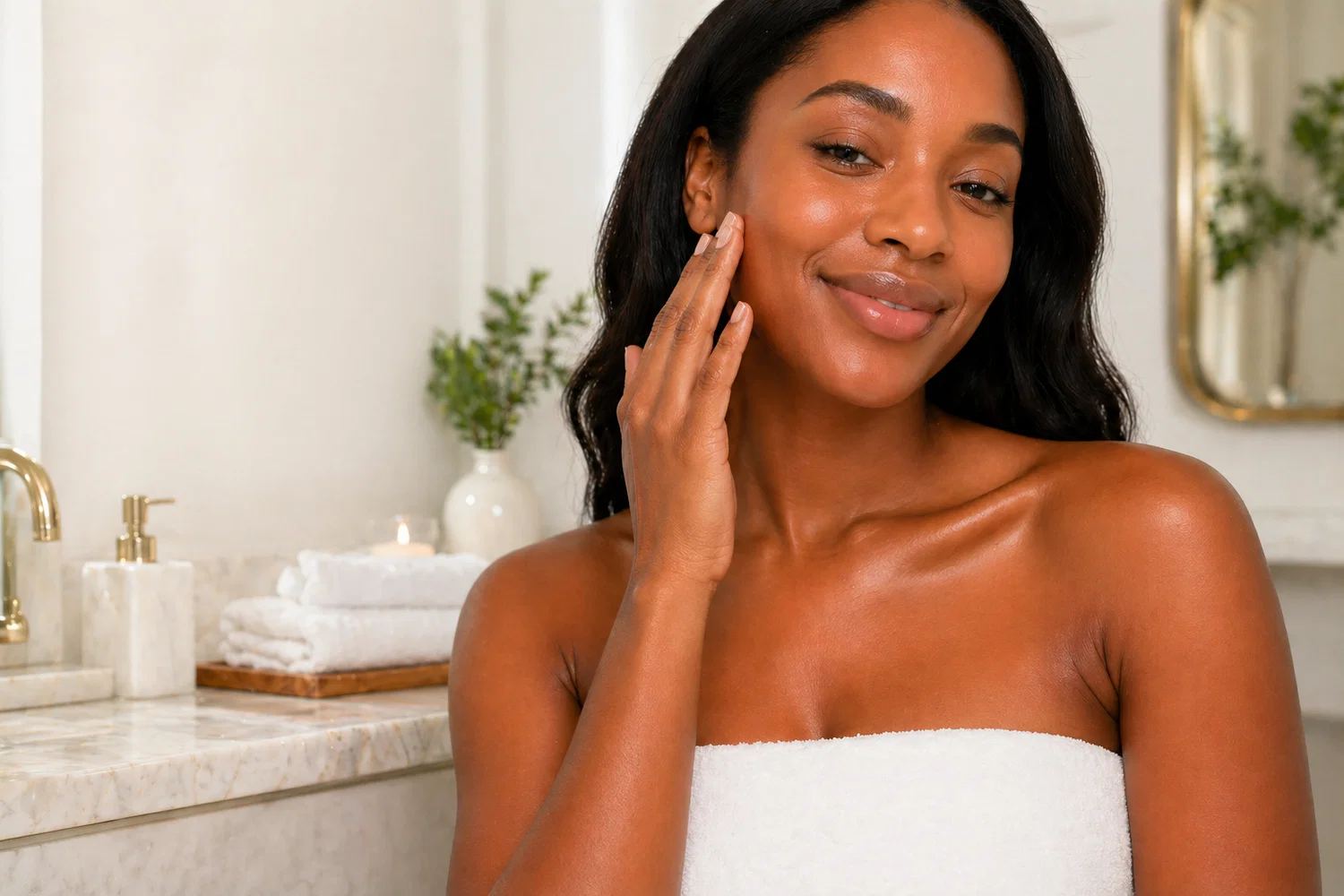 Woman applying Essa skincare in the bathroom